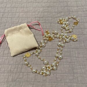 New Long Faux Pearl Station Necklace Gold Tone Floral Stations 30”